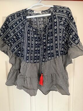 THML Navy & White Printed Peasant Tunic with Red Tassel